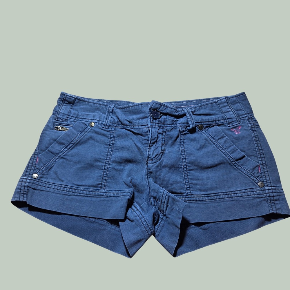 American Eagle Y2K Low Rise Mini Shorts Navy Blue Utility Buckle Back Size 4
